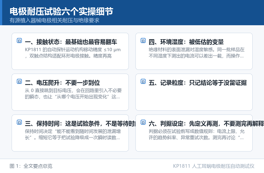 KP1811 人工耳蜗电极耐压自动测试仪：电极耐压试验六个实操细节：接触状态、加压节奏与判据设定