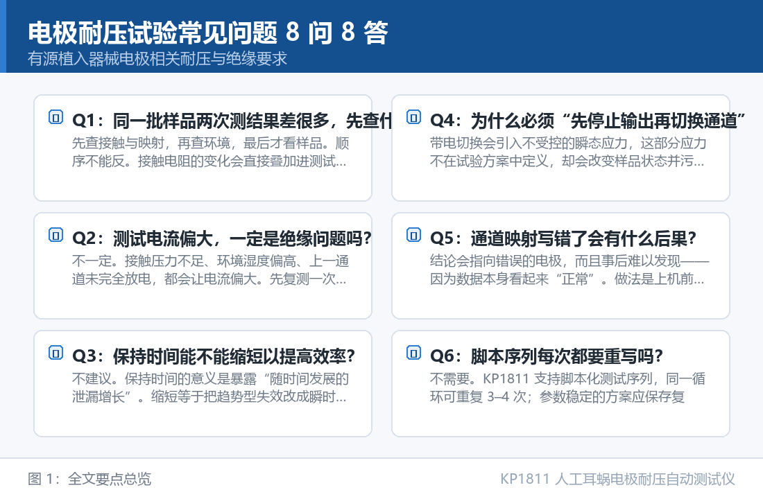 KP1811 人工耳蜗电极耐压自动测试仪：电极耐压试验常见问题 8 问 8 答：从接触可靠性到数据判读